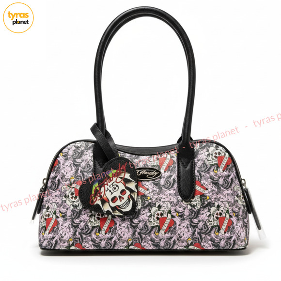 NEW Ed Hardy Tattoo Skull & Dagger Shoulder Bag – Black/Pink Print Halloween - Picture 1 of 6